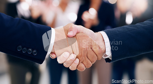 Image of Business people, shaking hands and corporate partnership, meeting and networking agreement, hiring deal and goals, welcome and success. Handshake, thank you and teamwork support, trust and contract