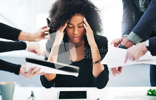 Image of Black woman, headache or stress with office documents for attorney issue with chaos of people. Lawyer, stressed or sick at workplace desk from burnout, anxiety and corporate career challenge.