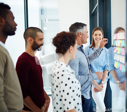 Image of Planning, sticky note and business people with creative collaboration, teamwork and workflow management for startup ideas. Employee engagement, strategy and schedule planner manager with glass board