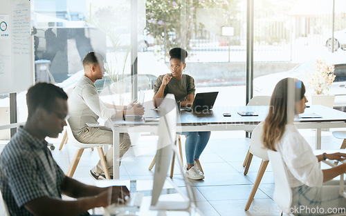 Image of Business people, marketing team and collaboration, meeting and discussion in advertising agency behind glass window. Designers, diversity teamwork and creative company, planning and coworking startup