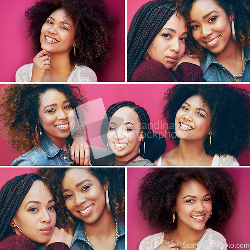 Image of Collage, black women and friends on pink wall for beauty, happiness and afro, braids and natural hair for cosmetic, makeup and haircare portrait. Face of females together for hairstyle inspiration