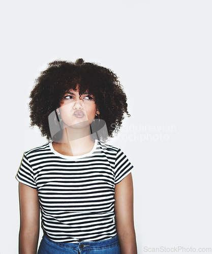 Image of Question, thinking and confused black woman with doubt, stress or thoughtful idea on youth issue. Confusion, problem or dilemma of young afro girl contemplating in white studio advertising mockup.