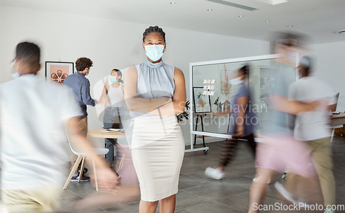 Image of Covid, busy office and business woman in portrait for policy, compliance and risk management with startup productivity. Health, safety staff and Human Resources black woman in corona virus face mask