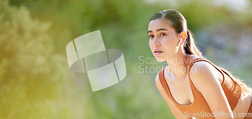 Image of Fitness, woman and break in running exercise, workout or cardio training for healthy wellness on mockup. Active female breathing after intense run for energy recovery in nature for sports health