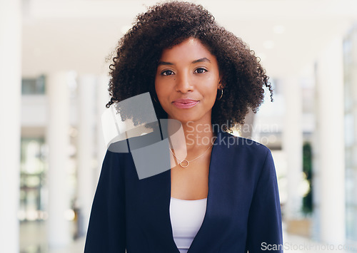 Image of Business, black woman and portrait of a corporate office manager with company vision. Young woman employee face serious about executive leadership growth and lawyer work with law firm management