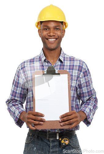 Image of Studio portrait of black man in construction with mockup space for brand, advertising or marketing checklist. Product placement, handyman or happy worker ready for property inspection on clipboard