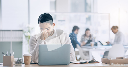 Image of Headache, stress and laptop with a business man at work in his office while suffering from fatigue. Computer, compliance and burnout with a male employee suffering with a bad fail while working