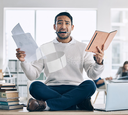 Image of Businessman, tablet and paperwork with stress and anxiety in the workplace. Overwhelmed at work, overworked and multitasking issue, technology and charts with graphs, worker burnout portrait.