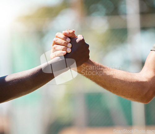 Image of Handshake, partnership and agreement for trust, support or unity against a blurred background. People shaking hands for teamwork, friendship or deal in meeting, respect or social greeting on mockup