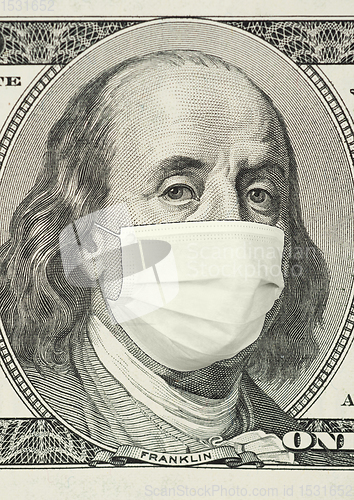 Image of Portrait of Franklin on 100 dollar banknote with medical mask