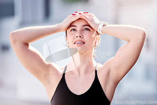 Image of Athlete woman, disappointed and hands on head, sad and loser at competition, contest or race. Runner girl, failure and tired of running, sports or marathon in city, metro or urban town with regret