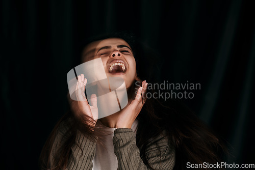 Image of Mental health, problem and woman in studio psychology, trauma and schizophrenia on black background mockup. Stress, anxiety and girl phobia, bipolar or mind disorder suffering identity conflict