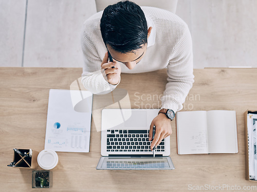 Image of Laptop, phone call and manager in digital marketing networking, talking or in communication with a company. Top view, screen and copywriting expert speaking to a worker about online content research