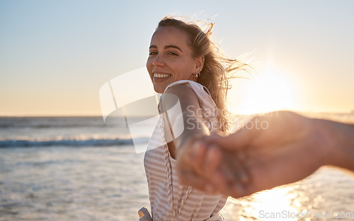 Image of Couple at beach, holding hands and love at sunset, travel together and adventure with romantic vacation portrait. Relationship with care, ocean and peace, support or trust and bonding with mockup.