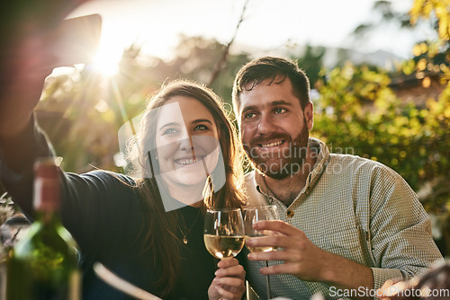 Image of Couple, happy selfie and wine at vineyard, wine farm and smile on holiday, vacation and outdoor. Woman, man and wine glass in digital photo in summer sunshine, together and love in Marseille, France