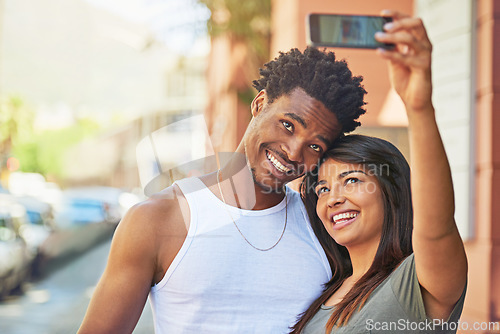 Image of Couple, smile and phone selfie in city for summer vacation, travel adventure and fun together outdoor. Happy black man or woman with 5g mobile smiling for social media photo in Puerto Rico on holiday