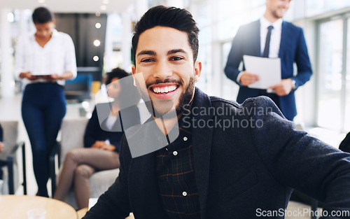 Image of Happy, portrait and young businessman in office with colleagues on meeting break in New York, USA. Gen z, corporate and professional person in workplace with optimistic smile for job satisfaction.