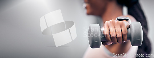 Image of Hand with dumbbell, fitness and strong black woman with exercise zoom and weightlifting mock up, workout and muscle building. Weight training closeup, sport and power with healthy active lifestyle.