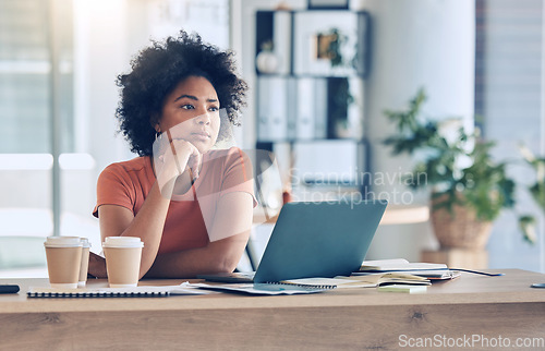 Image of Thinking, laptop or black woman planning marketing, advertising or company KPI growth in office. Employee, tech or business woman for small business, startup or remote work for creative strategy