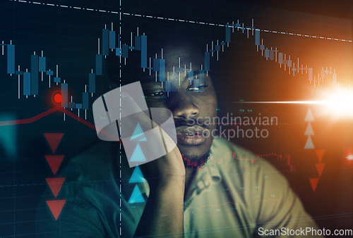 Image of Stock market crash, business man sad, depressed or tired in dark background mock up and data overlay. Accounting, finance and forex investor with chart or graph arrow analytics for fintech or trading