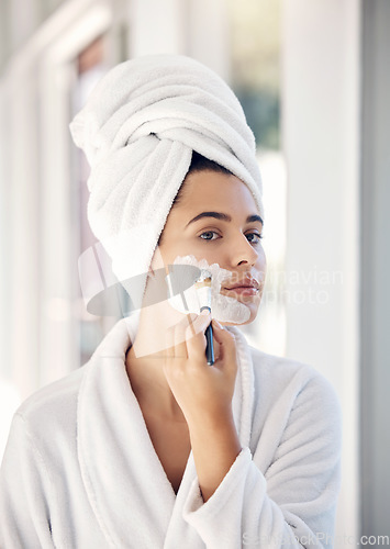 Image of Skincare, facial cream and woman with brush apply face mask for beauty treatment, morning bathroom routine or healthcare. Dermatology, spa salon and girl with luxury cosmetics product for skin glow