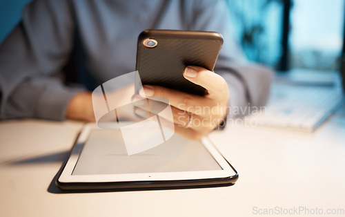 Image of Smartphone, tablet and hands at office desk for digital marketing, multimedia application and software company update. Creative, corporate and productivity business woman using phone for social media