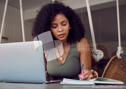 Image of Black woman, laptop and writing in notebook for planning schedule, calendar or dairy for task reminder at home. African American female designer or event planner taking notes for project plan or idea