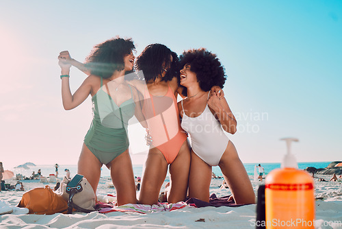 Image of Beach friends, hug and African women happy on outdoor summer holiday for peace, freedom or friendship bonding. Ocean sand, blue sky and fun bikini girl on vacation adventure in Los Angeles California