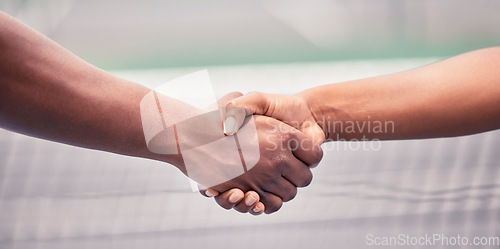 Image of Closeup, handshake and sport for support, teamwork or respect outdoor at tennis court with diversity. Shaking hands, training and sports for fitness, exercise or training together with tennis player