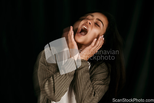 Image of Woman with bipolar crying, frustrated or anxiety on black studio mockup for psychology and mental health. Trauma, schizophrenia or angry girl shout with depression, fear and mental illness.