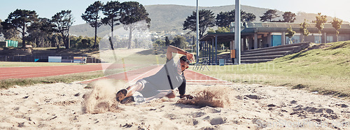 Image of Athlete long jump, sand and sports man training for France olympic competition, workout challenge or fitness exercise. Winner mindset, commitment and athletics person working on leg power performance