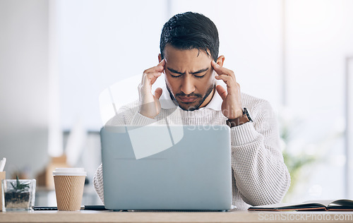 Image of Work, stress and burnout, man at computer reading spam email, glitch or 404 error in office. Headache, frustrated at work on tax compliance and businessman with problem on startup audit report online