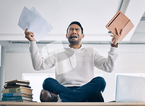 Image of Stress, burnout and businessman in office crying, suffering from mental health breakdown and overwork. Anxiety, frustrated and male employee with depression, tired and overwhelmed with multitasking.
