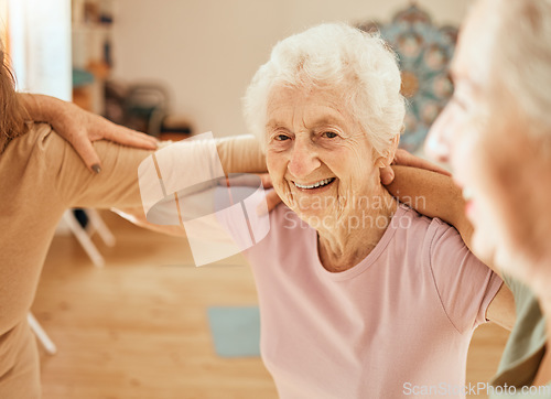 Image of Senior women, portrait and fitness support, accountability friends and happy workout while training and exercise. Gym, smile and health goals with elderly female empowerment and community in gym