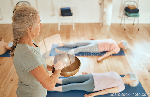 Image of Sound bowl, women healing and healer with senior class for music therapy meditation, alternative medicine or audio holistic healthcare. Yoga, chakra and reiki energy support for relax people on floor