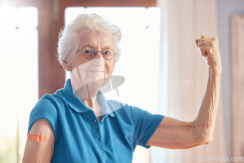 Image of Elderly woman, strong and plaster for vaccine injection against covid virus in nursing home. Happy, senior lady and covid 19 vaccination in doctor office for health, wellness or safety in healthcare