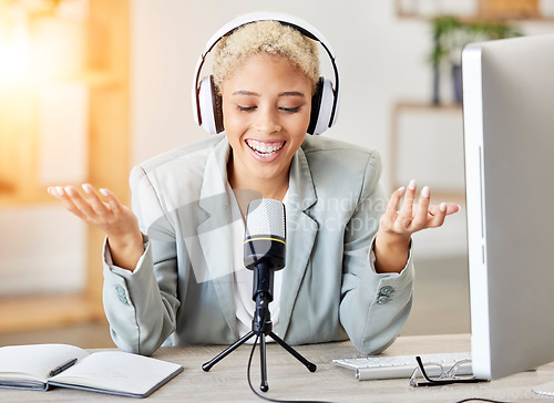 Image of Podcast, microphone and radio with black woman at desk for influencer, blog and social media. Speaker, news and live streaming with presenter for content creator, advertising or journalist interview