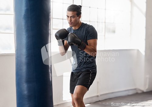 Image of Man, boxing and training with punching bag in gym for body fitness, health and wellness with boxing gloves. Boxer, martial arts or exercise workout for sport, cardio or focus with precision in studio