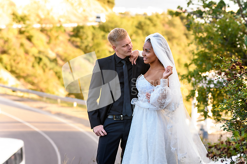 Image of Happy newlyweds hugging against the backdrop of a beautiful mountain landscape