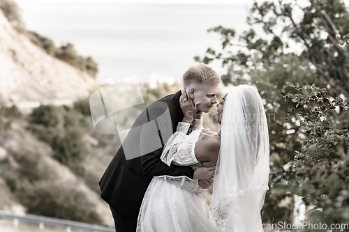 Image of Happy newlyweds kiss against the backdrop of a beautiful mountain landscape, sepia