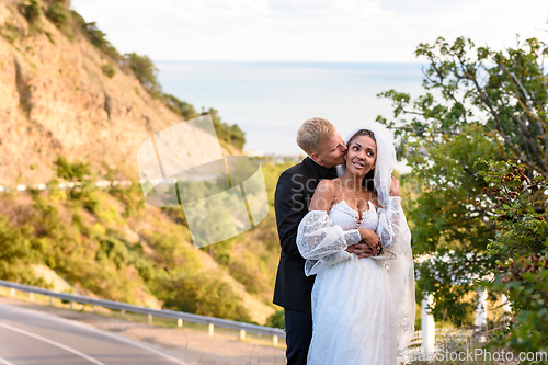 Image of Newlyweds hugging against the backdrop of a beautiful mountain landscape, the guy kisses the girl
