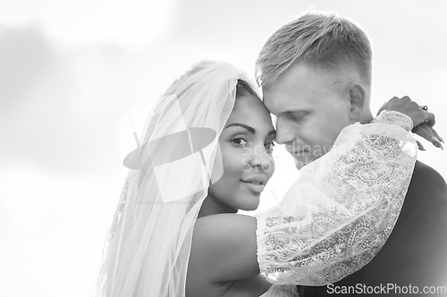 Image of Happy newlyweds hugging in the rays of the setting sun, black and white version