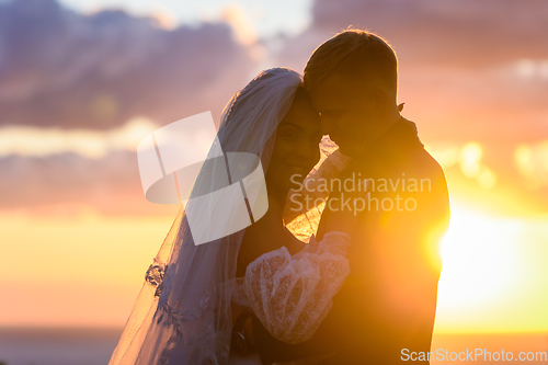 Image of Portrait of happy newlyweds hugging in the rays of the setting sun