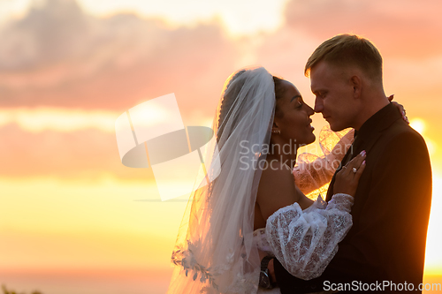 Image of Portrait of happy newlyweds in the rays of the setting sun