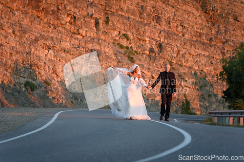 Image of Happy newlyweds running along a mountain asphalt road