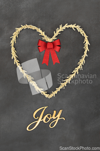 Image of Christmas Joy Sign Tinsel Heart Shape Wreath and Bow