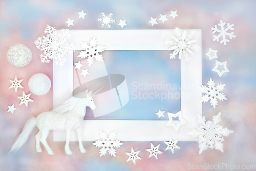 Image of Christmas Unicorn White Ornaments Background Border