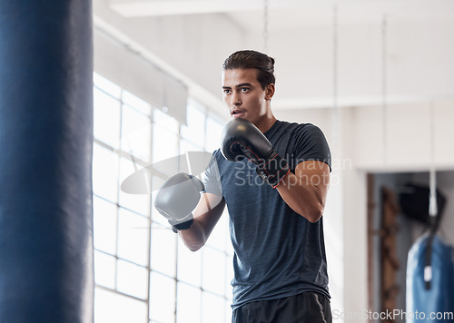 Image of Fitness, training and boxing with man in gym for workout, exercise and sports stamina. Cardio, energy and power with athlete and punching bag for martial arts, performance and action in dojo club