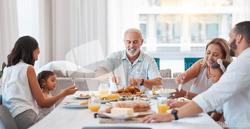 Image of Family, breakfast and food with a senior man eating during a visit from his children and grandchildren at home. Kids, love and celebration with parents and girl siblings enjoying a meal together