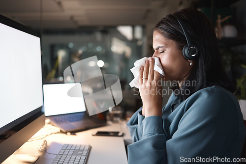 Image of Faq, call center or sick business woman blowing nose with tissues in contact us, telemarketing or sales company. Stress flu, covid or cold virus for customer support receptionist or crm technology